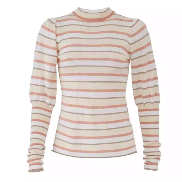 See by Chloe Striped Puff Sleeve Sweater Womens Small *FLAW on Sleeve Cream Pink - Picture 1 of 11
